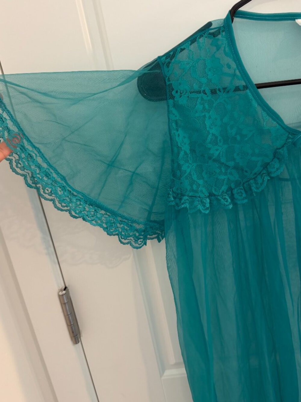 Vintage Elsie of Miami Aqua Sheer Lace Peignoir Robe Nylon Tie Front Small USA - Picture 2 of 6
